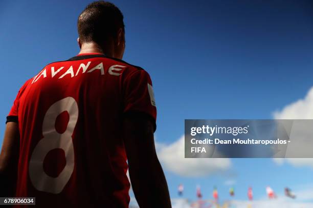 Heiarii Tavanae of Tahati gets ready to come on as a substitute during the FIFA Beach Soccer World Cup Bahamas 2017 quarter final match between...