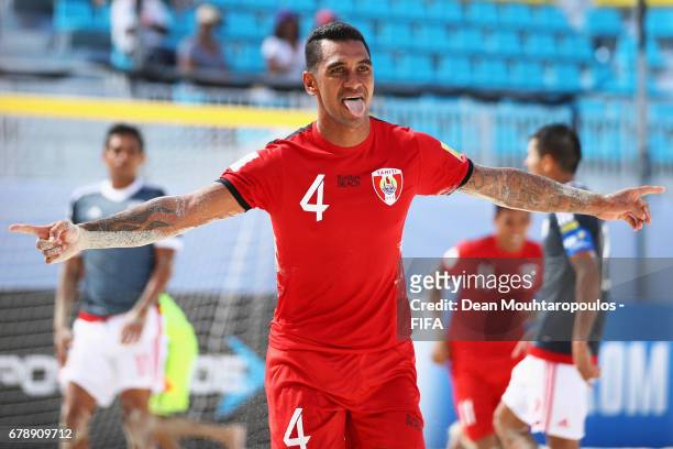 Heimanu Taiarui of Tahati celebrates scoring a goal during the FIFA Beach Soccer World Cup Bahamas 2017 quarter final match between Paraguay and...