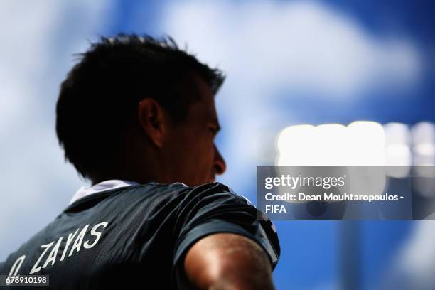 Orlando Zayas gets ready to come on as a substitute during the FIFA Beach Soccer World Cup Bahamas 2017 quarter final match between Paraguay and...