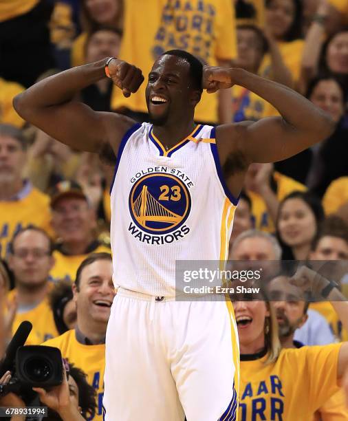 Draymond Green of the Golden State Warriors reacts against the Utah Jazz during Game Two of the NBA Western Conference Semi-Finals at ORACLE Arena on...