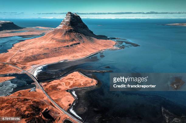 aerial view of the kirkjufell mountain - iceland volcano stock pictures, royalty-free photos & images