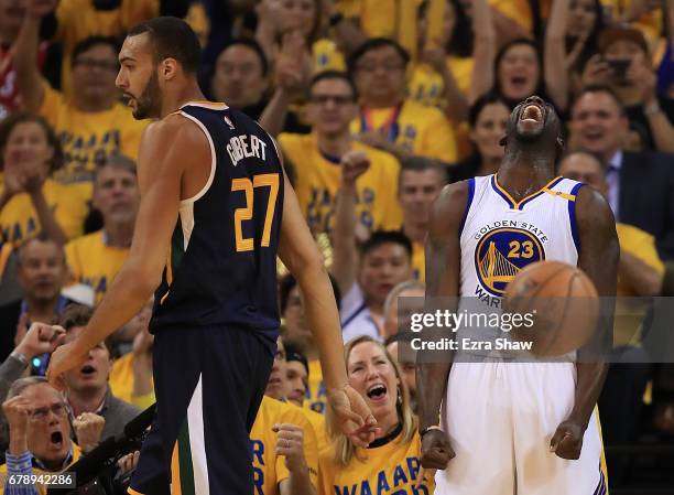 Draymond Green of the Golden State Warriors reacts against the Utah Jazz during Game Two of the NBA Western Conference Semi-Finals at ORACLE Arena on...