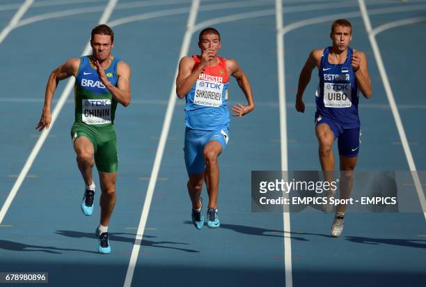 Brazil's Calos Chinin, Russia's Ilya Shkurenev, and Estonia's Maicel Uibo during the Men's 100m Decathlon on day one of the 2013 IAAF World Athletics...