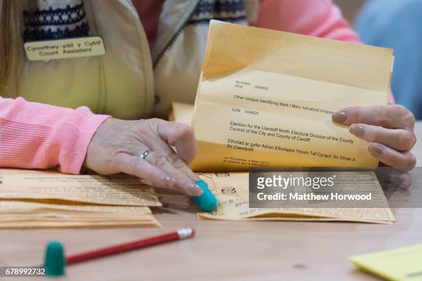 Woman counts ballot papers at Llanishen Leisure Centre on May 4, 2017 in Cardiff, Wales. A total of 4,851 council seats are up for grabs in 88...