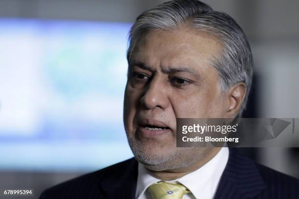 Mohammad Ishaq Dar, Pakistan's finance minister, speaks during a Bloomberg Television interview on the sidelines of the 50th Asian Development Bank...