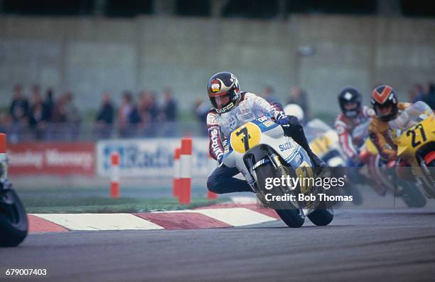 British racing motorcyclist Barry Sheene riding the Heron DAF Suzuki 500cc during the International Gold Cup meeting at Donington Park on 17th April...