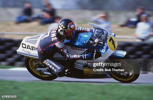 British racing motorcyclist Barry Sheene riding the Heron DAF Suzuki 500cc during the XIV TransAtlantic Challenge Motorcycle races at the Donington...