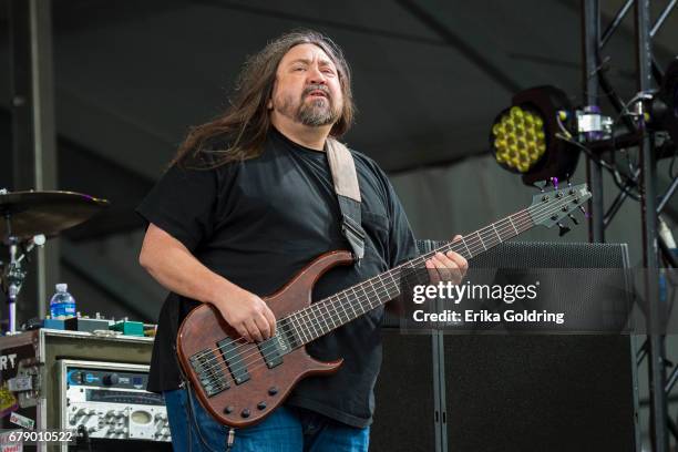 Dave Schools of Widespread Panic performs during the 2017 New Orleans Jazz & Heritage Festival at Fair Grounds Race Course on May 4, 2017 in New...