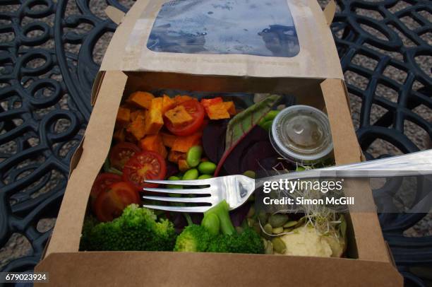 vegetarian salad selection in a cardboard and plastic takeaway box - soy dressing stock pictures, royalty-free photos & images