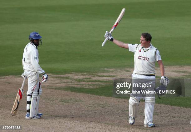 Yorkshire's Gary Ballance celebrates reaching his century