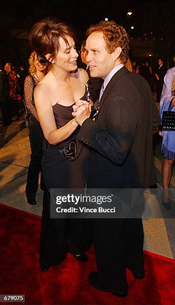 Actors Peter MacNicol and Jane Kaczmarek greet each other during the Unity Dinner for the 53rd Annual Primetime Emmy Awards at the Century Plaza...