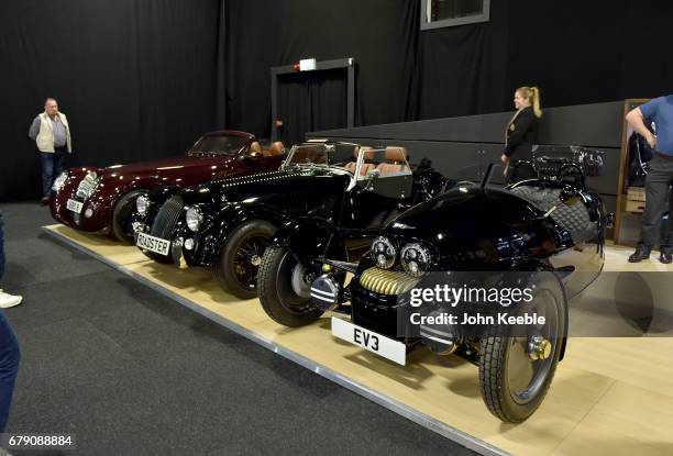 Morgan EV3, Roadster and Aero 8 on display at the London Motor Show at Battersea Evolution on May 4, 2017 in London, England. 41 dealerships and...