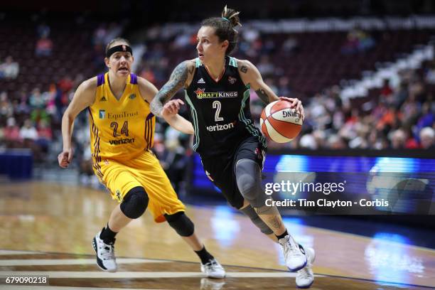 May 2: Jacki Gemelos of the New York Liberty defended by Sydney Wiese of the Los Angeles Sparks during the Los Angeles Sparks Vs New York Liberty,...