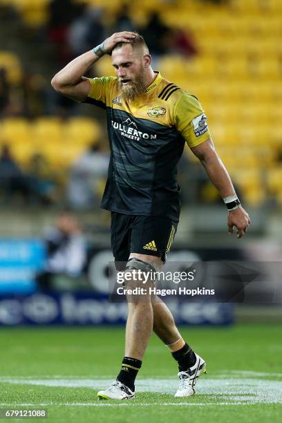 Brad Shields of the Hurricanes reacts after receiving a yellow card during the round 11 Super Rugby match between the Hurricanes and the Stormers at...