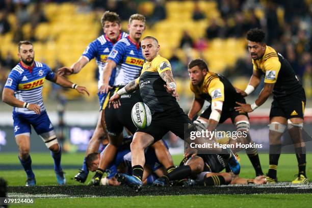 Perenara of the Hurricanes makes a clearance kick during the round 11 Super Rugby match between the Hurricanes and the Stormers at Westpac Stadium on...