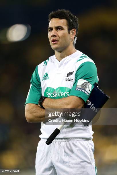 Assistant referee Ben O'Keeffe of New Zealand looks at the big screen during the round 11 Super Rugby match between the Hurricanes and the Stormers...