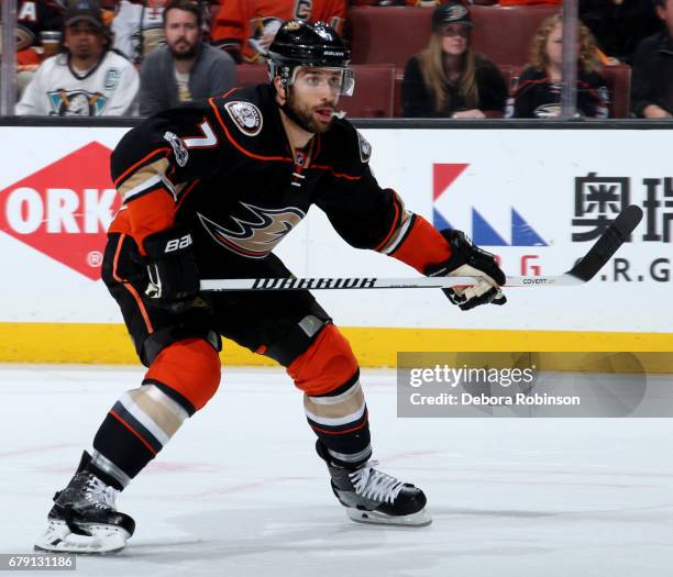 Andrew Cogliano of the Anaheim Ducks skates during the game against the Edmonton Oilers in Game Two of the Western Conference Second Round during the...