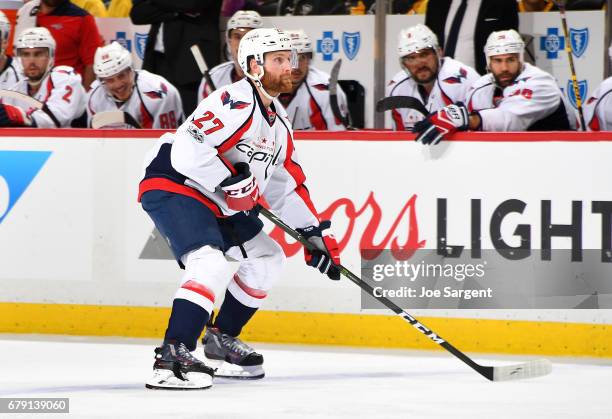 Karl Alzner of the Washington Capitals skates against the Pittsburgh Penguins in Game Four of the Eastern Conference Second Round during the 2017 NHL...