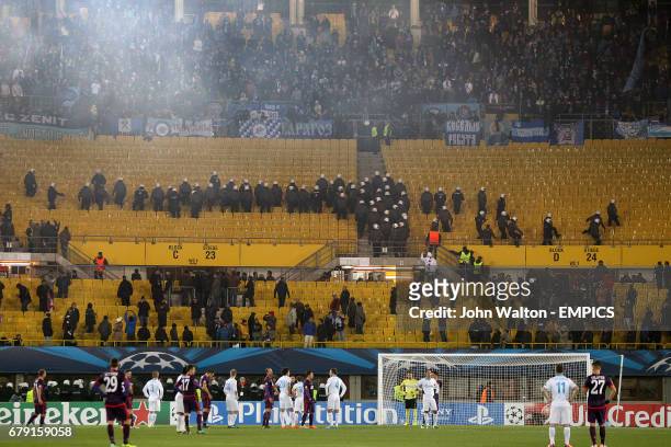 Police in the stands as Austria Vienna and Zenit St Petersburg fans clash at the Ernst Happel Stadium