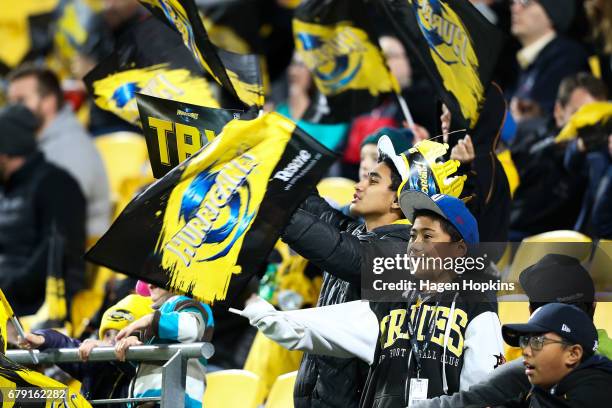 Hurricanes fans show their support during the round 11 Super Rugby match between the Hurricanes and the Stormers at Westpac Stadium on May 5, 2017 in...