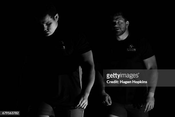Wilco Louw and Oli Kebble of the Stormers take the field to warm up during the round 11 Super Rugby match between the Hurricanes and the Stormers at...