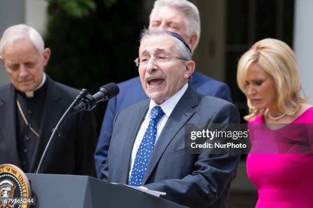 Rabbi Marvin Hier prayed, with Cardinal Donald Wuerl, Pastor Jack Graham, and Pastor Paula White, by his side, at the National Day of Prayer...