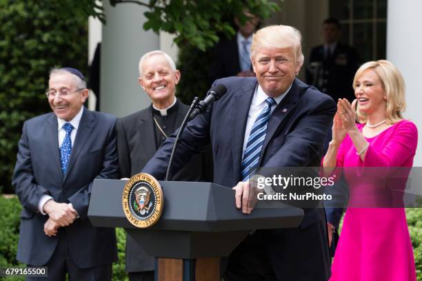 President Trump, at the National Day of Prayer ceremony, in the Rose Garden of the White House, On Thursday, May 4, 2017.