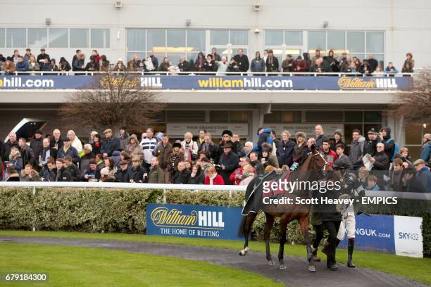 Big John Cannon and jockey Aidan Coleman in the parade ring before the William Hill - iPhone, iPad, iPad Mini Juvenile Hurdle during day two of the...