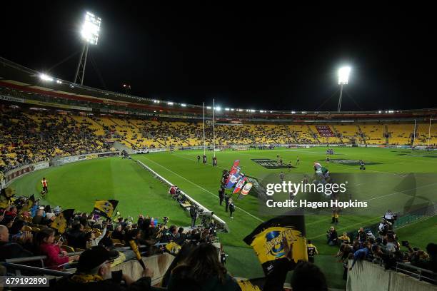 Hurricanes players take the field during the round 11 Super Rugby match between the Hurricanes and the Stormers at Westpac Stadium on May 5, 2017 in...