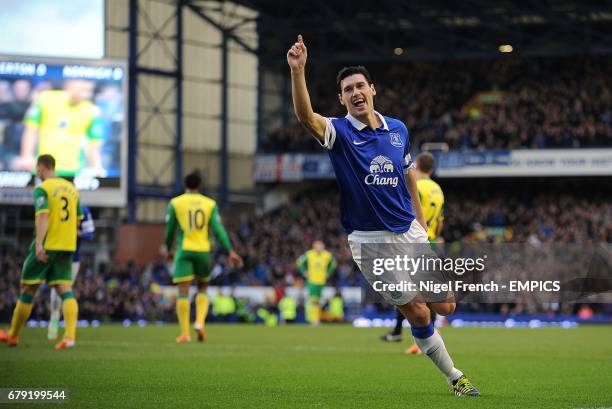 Everton's Gareth Barry celebrates scoring the opening goal of the game