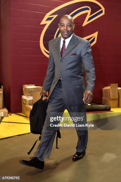 Larry Drew of the Cleveland Cavaliers arrives before Game Two of the Eastern Conference Semifinals against the Toronto Raptors during the 2017 NBA...