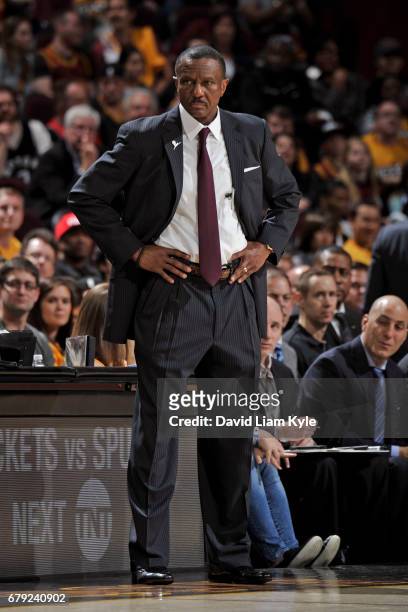 Dwane Casey of the Toronto Raptors looks on during Game Two of the Eastern Conference Semifinals against the Cleveland Cavaliers during the 2017 NBA...