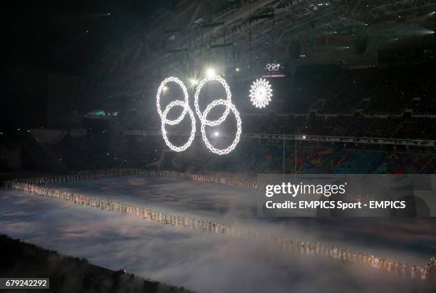 The Olympic rings are created with one failing to open during the 2014 Winter Olympics Opening Ceremony