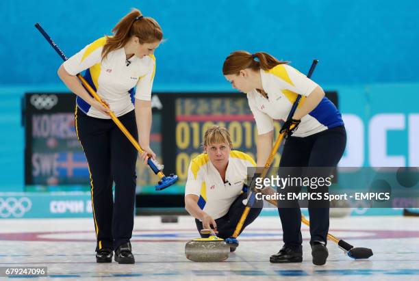 Sweden's Maria Prytz watches her stone during their match with Korea. Picture date: Wednesday February 12, 2014. Photo credit should read: EMPICS
