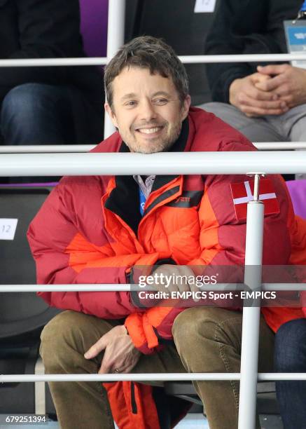 Denmark's Crown Prince Frederick watches the Curling Round Robin match against Great Britain
