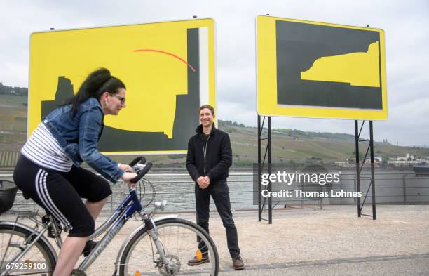 Artist Jay Gard pictured with his work of art 'Touristic, hint, 2017' on May 5, 2017 in Bingen, Germany. The work is part of the '4....