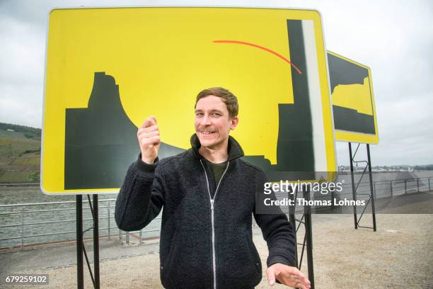 Artist Jay Gard pictured with his work of art 'Touristic, hint, 2017' on May 5, 2017 in Bingen, Germany. The work is part of the '4....