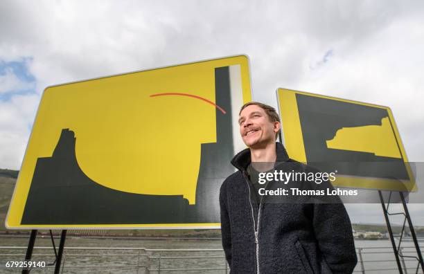 Artist Jay Gard pictured with his work of art 'Touristic, hint, 2017' on May 5, 2017 in Bingen, Germany. The work is part of the '4....