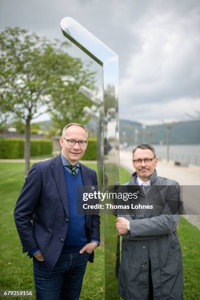 Curator of the 'Bingen Sculpture Triennieale' Lutz Driever and Andre Odier pictured on May 5, 2017 in Bingen, Germany. The work is part of the '4....
