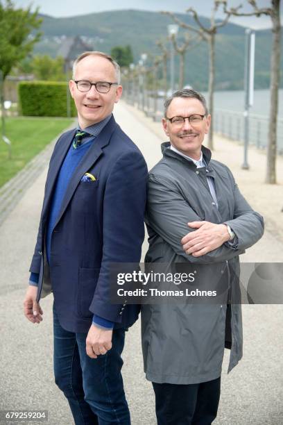 Curator of the 'Bingen Sculpture Triennieale' Lutz Driever and Andre Odier pictured on May 5, 2017 in Bingen, Germany. The work is part of the '4....