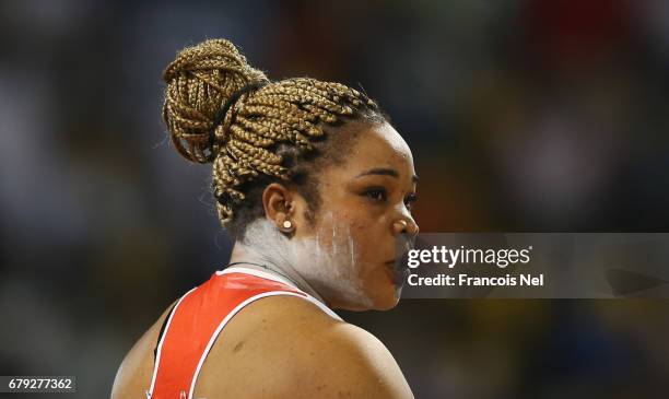 Noora Salem Jasim of Bahrain looks on as she competes in the Women's Shot Put during the Doha - IAAF Diamond League 2017 at the Qatar Sports Club on...