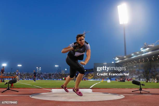 Aliona Dubitskaya of Belarus competes in the Women's Shot Put during the Doha - IAAF Diamond League 2017 at the Qatar Sports Club on May 5, 2017 in...