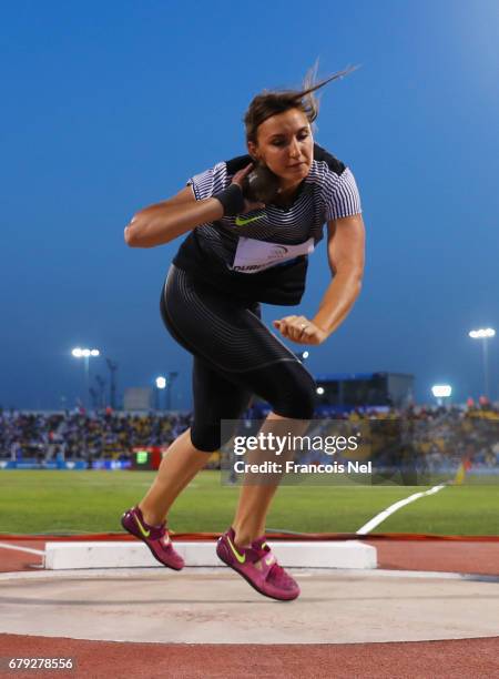 Aliona Dubitskaya of Belarus competes in the Women's Shot Put during the Doha - IAAF Diamond League 2017 at the Qatar Sports Club on May 5, 2017 in...