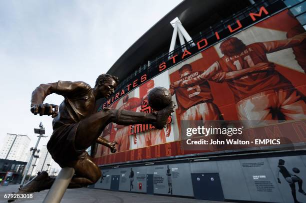 The Dennis Bergkamp statue is seen outside of The Emirates Stadium