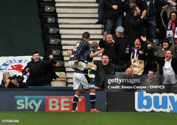 Millwall's Steve Morison celebrates with team-mate Shane Lowry after scoring his sides first goal of the game