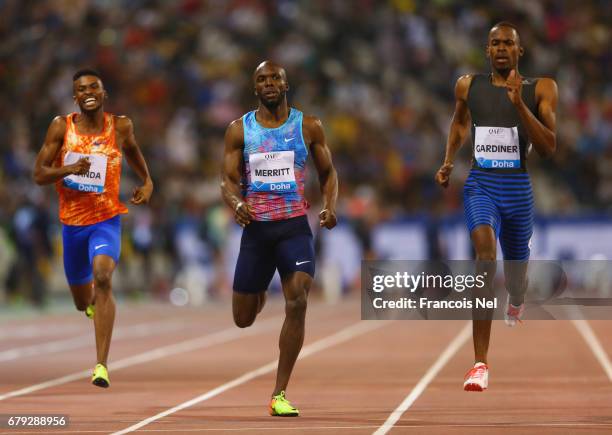 Karabo Sibanda of Botswana, LaShawn Merritt of the United States and Steven Gardiner of the Bahamas compete in the Men's 400 metres during the Doha -...