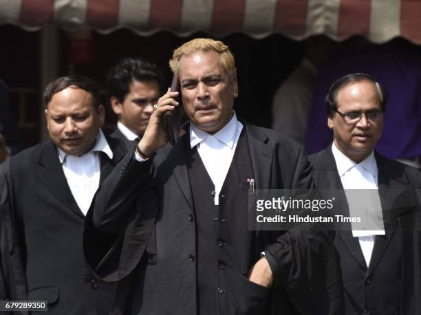 Convicts lawyer A. P. Singh after the Supreme Court pronounced verdict on the appeals filed by four death row convicts against death penalty in the...