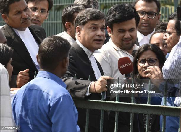 Senior advocate Sidharth Luthra briefing to media persons after the Supreme Court pronounced verdict on the appeals filed by four death row convicts...