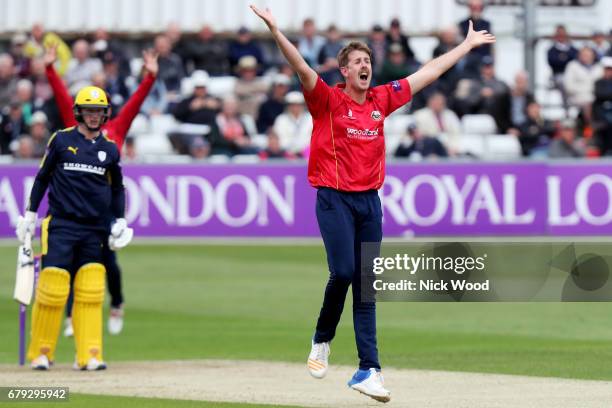 Matt Quinn of Essex appeals to the umpire for a wicket whilst in bowling action for Essex during the Royal London One-Day Cup between Essex and...