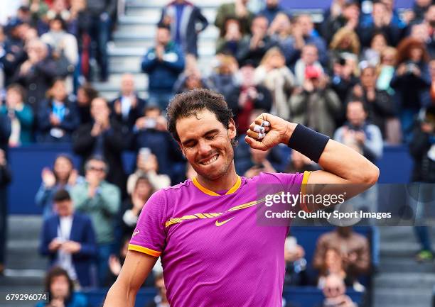 Rafael Nadal of Spain celebrates after winning his match against Dominic Thiem of Austria during the Day 6 of the Barcelona Open Banc Sabadell at the...